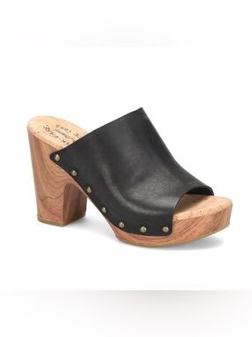 Black Leather Studded Wood-Platform Mule - Women